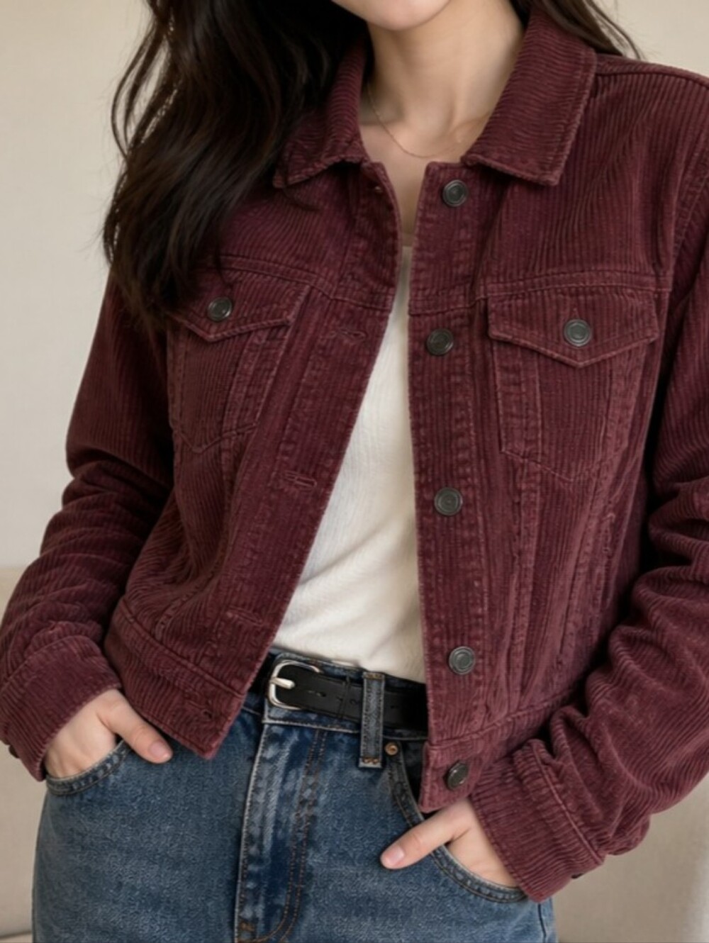 SO Corduroy Button-Up Jacket in Deep Wine Size M